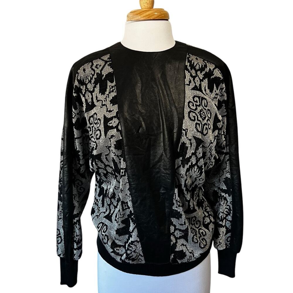 Vintage 80s Faux Leather Metallic Whimsigoth Glam Rock Sweater Top Women's S